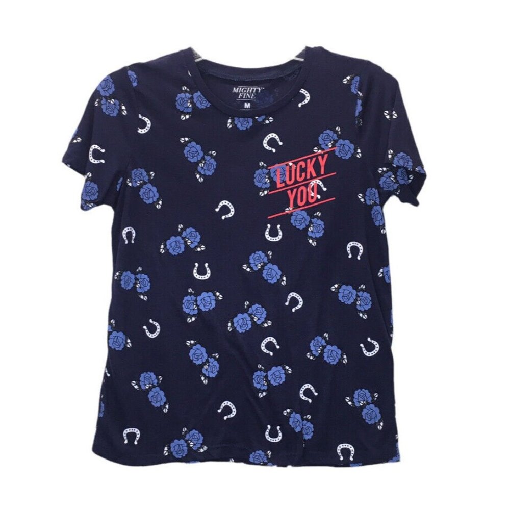 Mighty Fine Blue Lucky You Top Women Size Medium Short Sleeve T Shirt Ho…